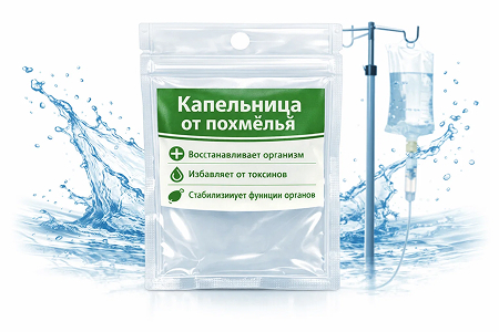 Пакет для капельницы на фоне воды и самой капельницы